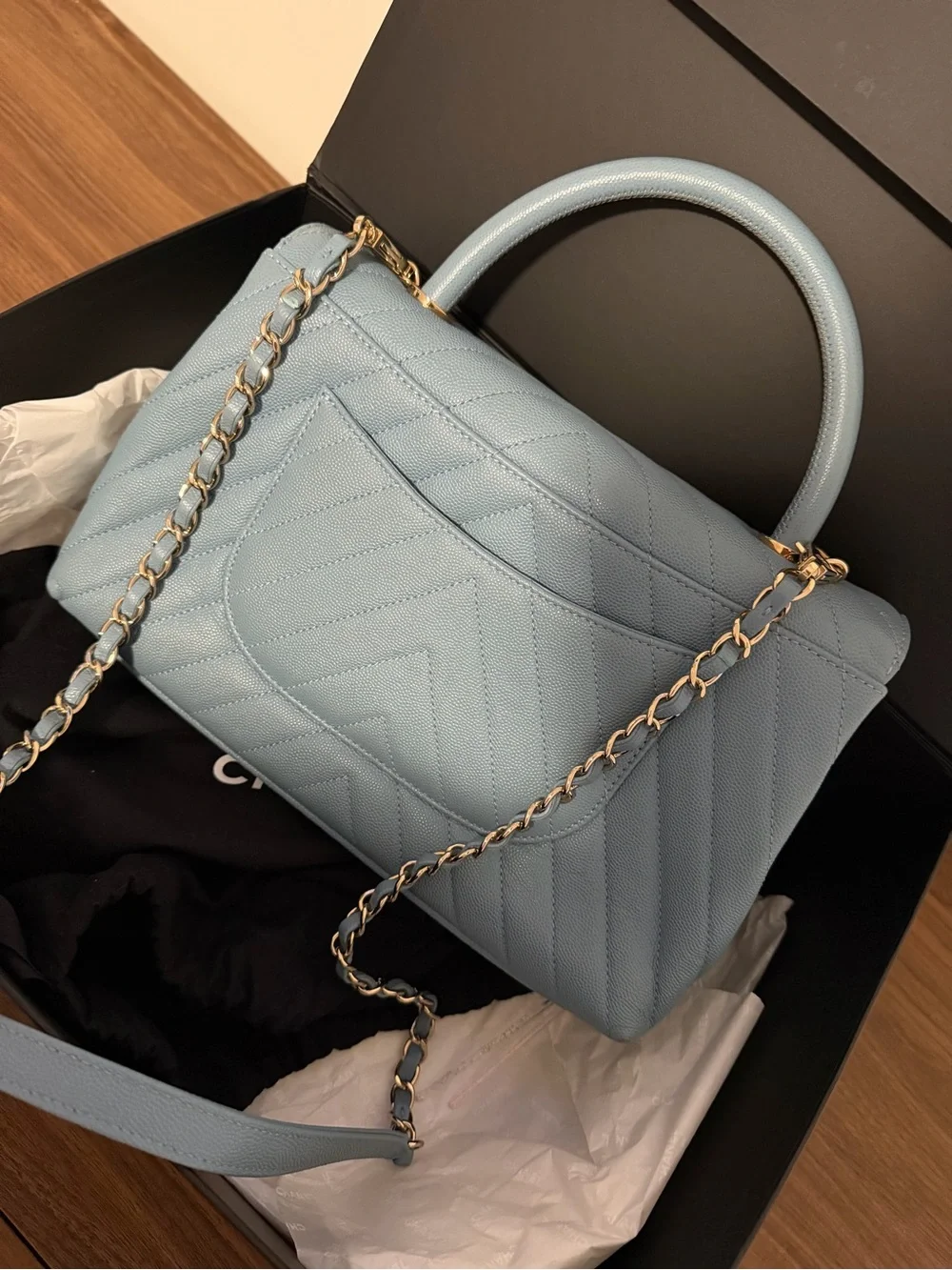 CHANEL Powder Blue Chevron Quilted Top-Handle Bag with Gold Hardware